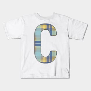 Monogram Letter C, Blue, Yellow and Grey Scottish Tartan Style Typography Design Kids T-Shirt